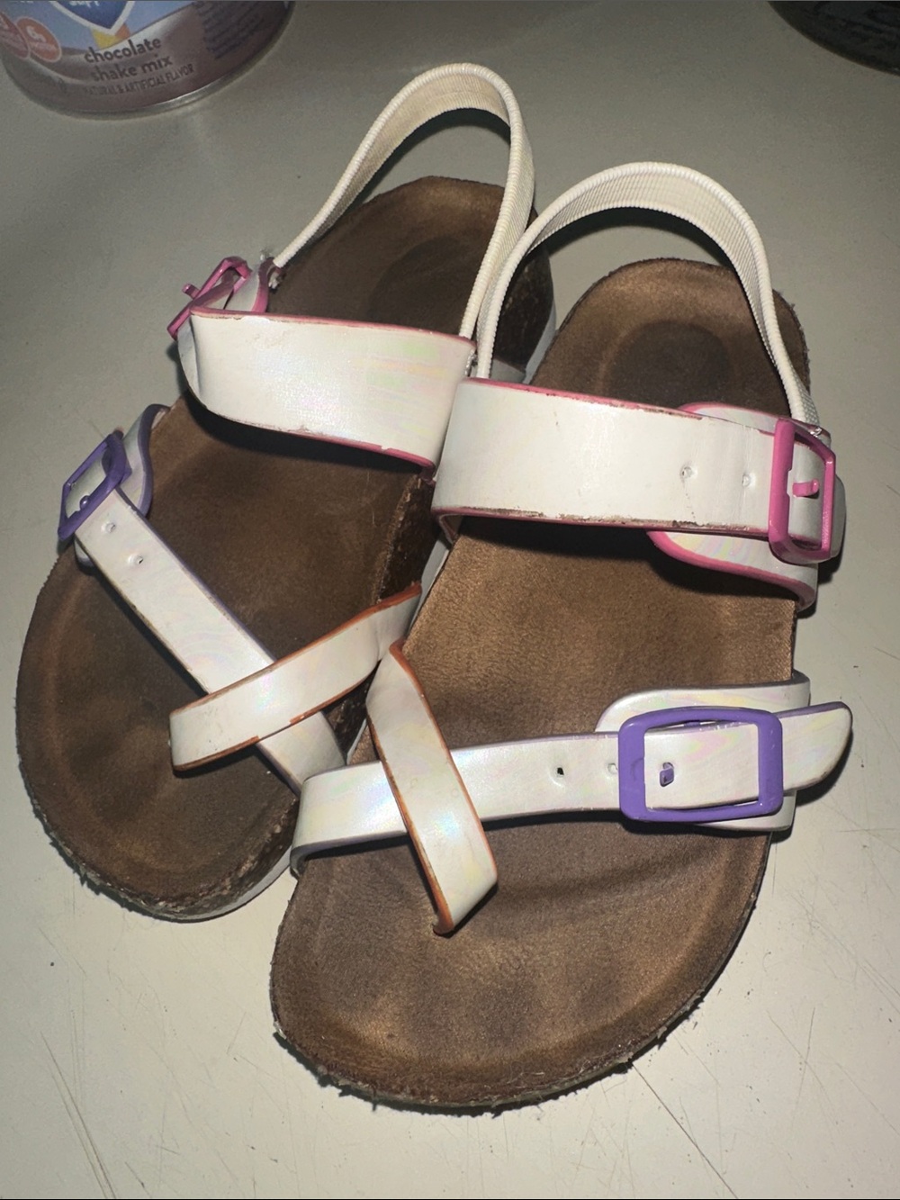Brookstone White Kids Sandals with Pink and Purple Buckles